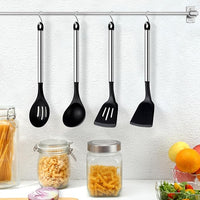 Pleafind 4-Pcs Silicone Cooking Utensils Set, Wok Utensils Set Include Wok Ladle, Slotted Spoon, Solid Spatula and Slotted Spatula, Silicone and Stainless Steel Kitchen Utensils, Dishwasher Safe