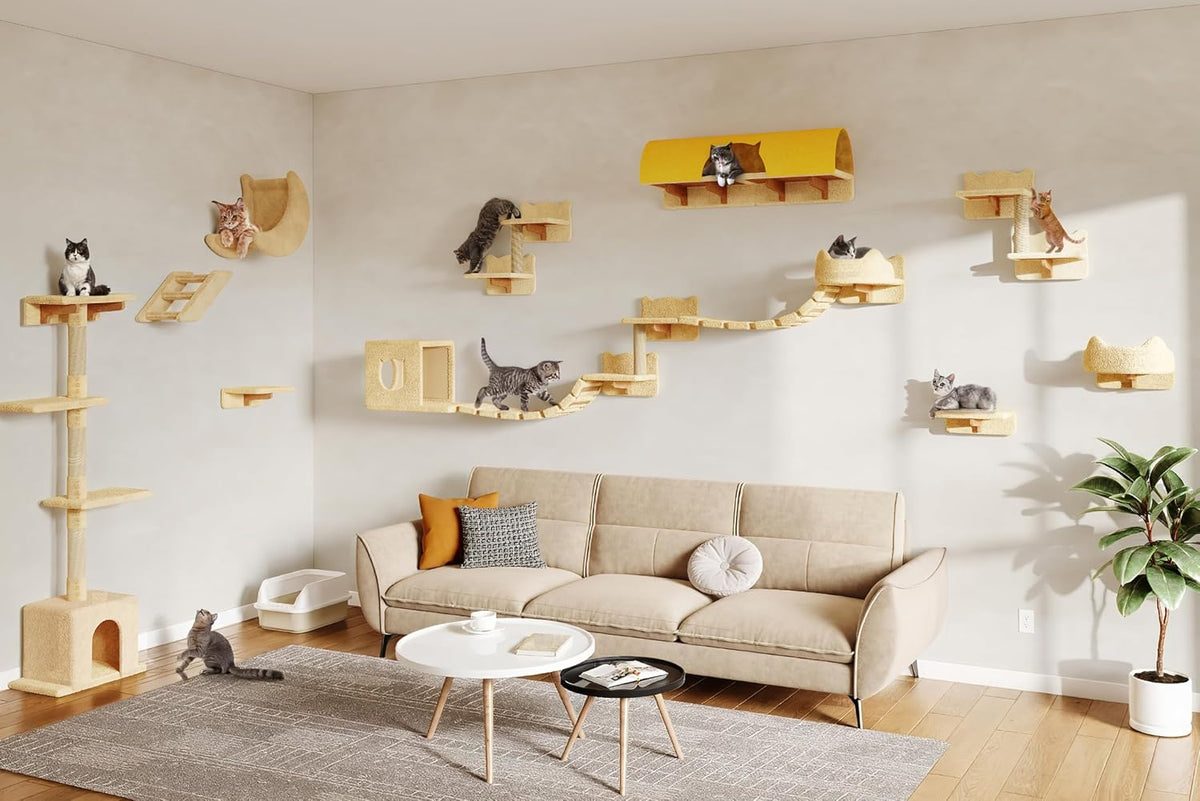 Cat Wall Shelves, 9-in-1 Wood Cat Wall Furniture Set, Burlywood – Essentials for Cats - Beige / 26 Piece Set