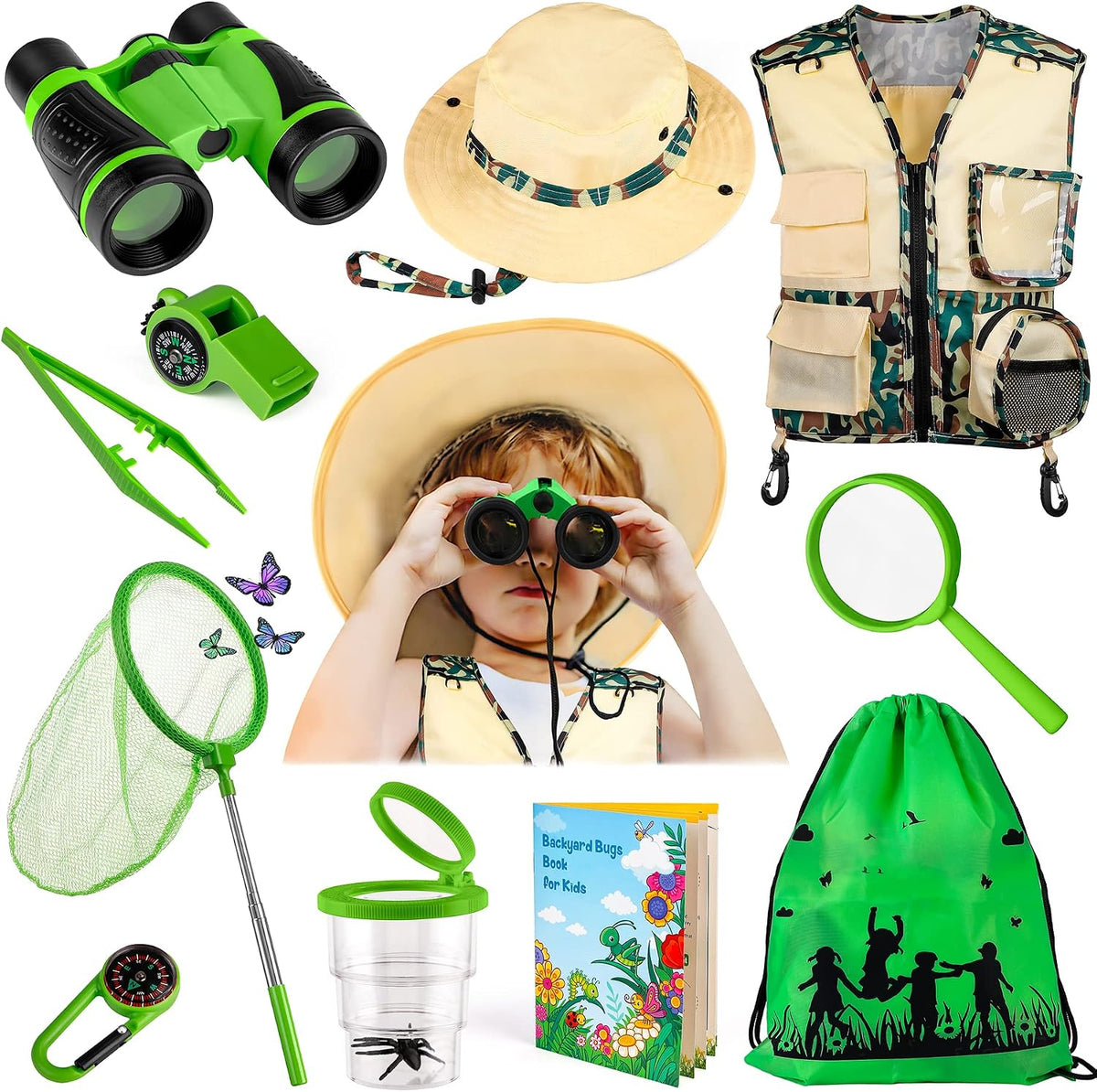 INNOCHEER Kids Explorer Kit & Bug Catcher Kit & Safari Costume Kit - Camouflage Green