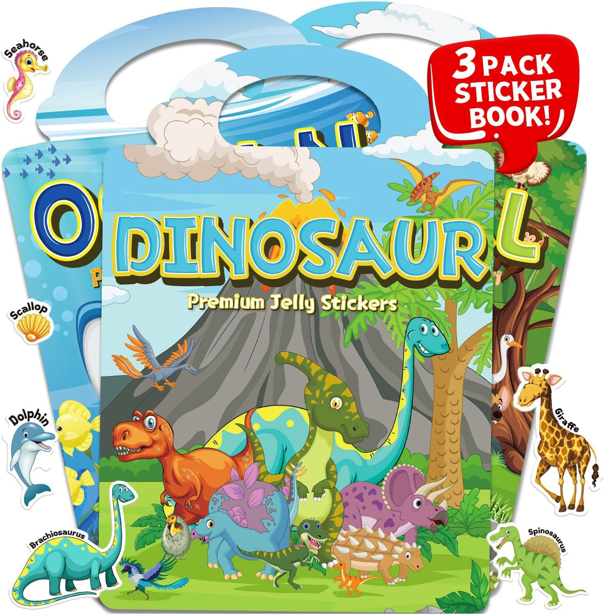 6 Sets Reusable Sticker Book for Toddlers 3-6 - Dinosaur+Ocean+Animal