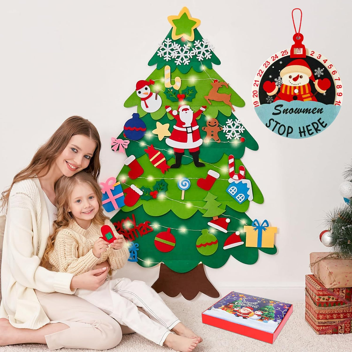 Onekka DIY felt Christmas tree set for kids with 32 felt ornaments and string lights - view 2
