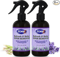 ZORBX Refresh & Relax Odor Remover Spray with Lavender & Lemongrass 8 Oz (Pack of 2) – Permanent Solution Room Freshener & Air Freshener Spray for Home, Bathroom, Furniture, Carpet, Car, Gym & Laundry