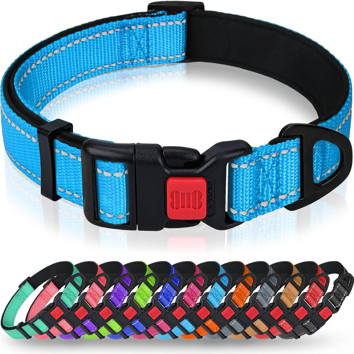 Taglory Reflective Large Dog Collar - Skyblue / Large (Pack of 1)