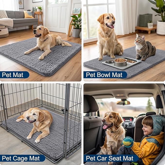 Smiry Dog Door Mat for Muddy Paws 24x16, Absorbs Moisture and Dirt Doormat, Non-Slip Washable Quick Dry Chenille Front Door Mat Indoor Entrance, Entryway Carpet for Inside Floor, Grey
