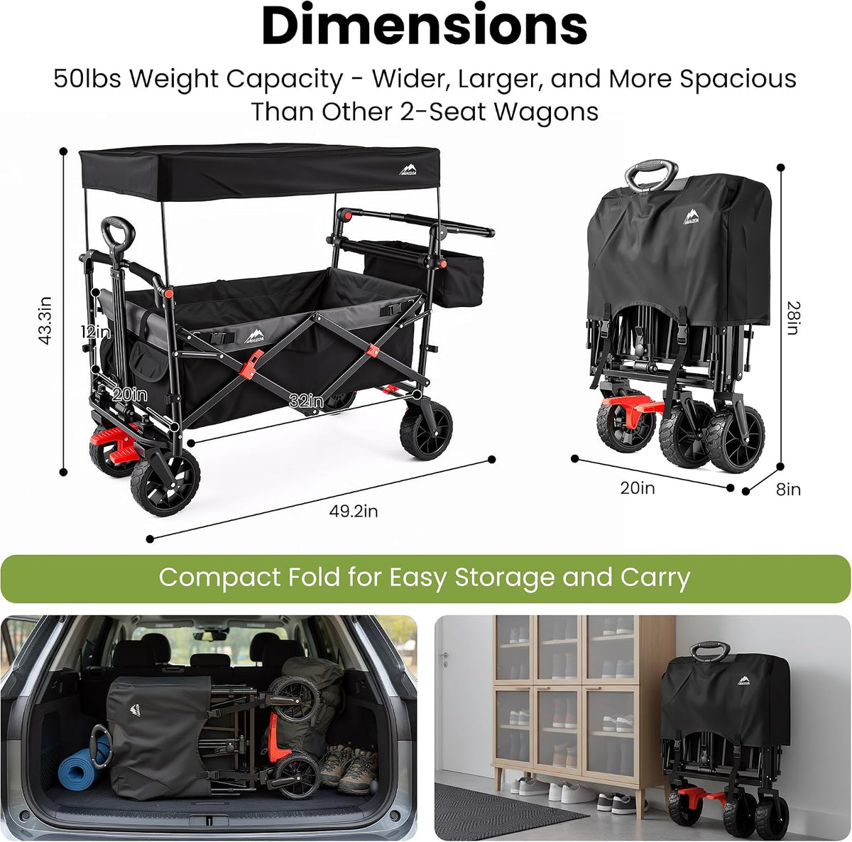 MAIZOA foldable kids wagon stroller for 2 kids with removable canopy and seat belt - view 2
