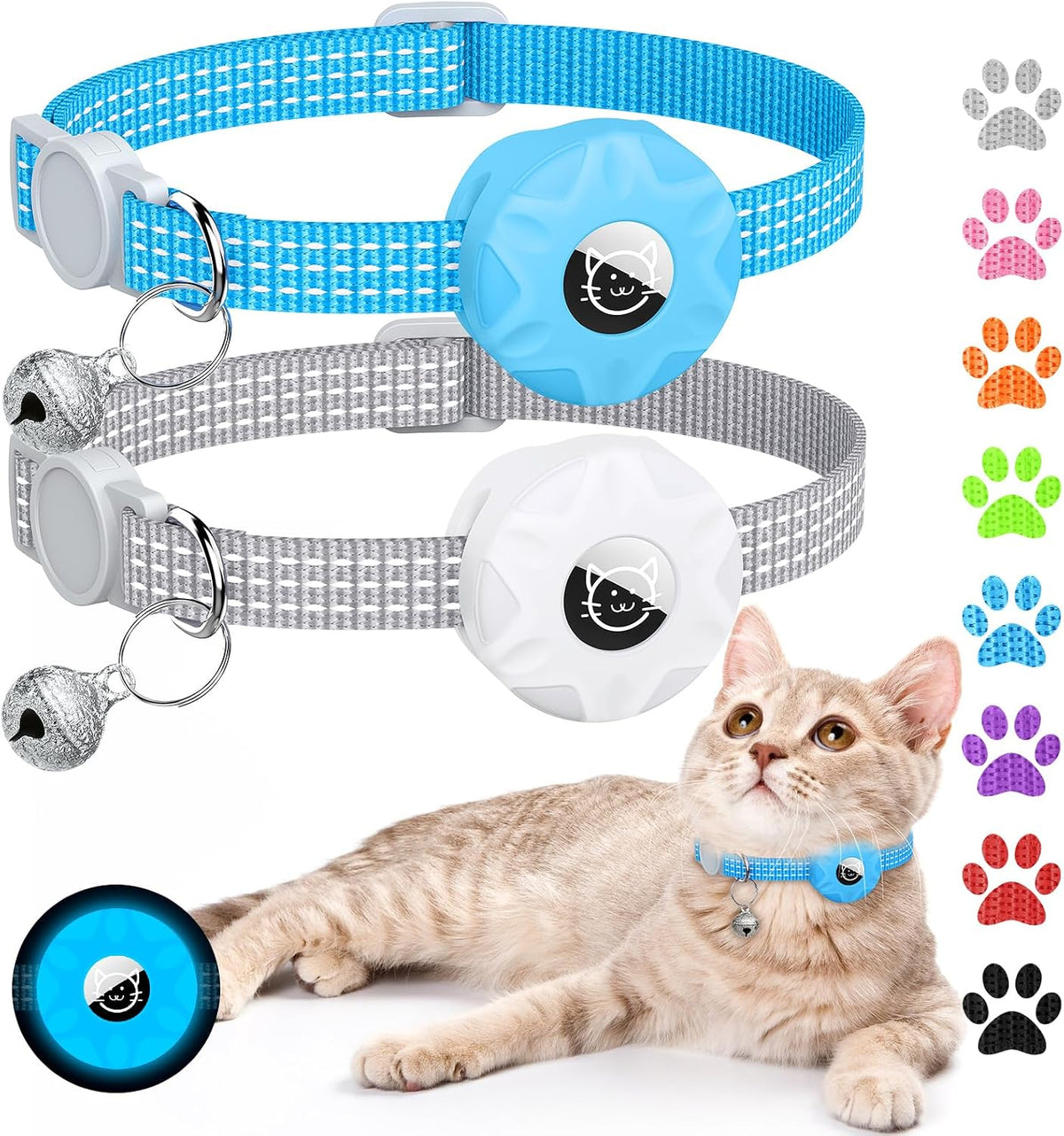 AirTag Cat Collar, Reflective Kitten Collar Breakaway – Essentials for Cats - Gray/Luminous Blue