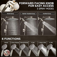 Veken Wide Rain Shower Head with 6 Modes Handheld Water Spray,High Pressure Showerhead Combo with Arm,Adjustable Dual Shower with Anti-Clog Nozzles, Brushed Nickel
