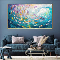 Fish Canvas Wall Art, Abstract School of Fish Canvas Wall Art, School of Fish Painting Canvas, School of Fish Wall Art, Fish Wall Decor, Fish Pictures Wall Decor, Bedroom Canvas Wall Decor (Gold Framed, 69"x39" | 174x98cm)