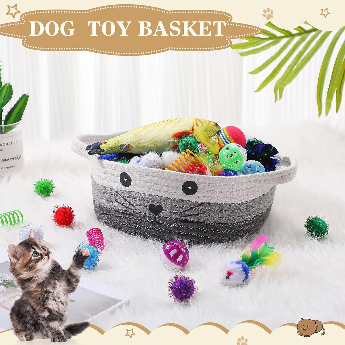 Zopeal 58 Pcs Cat Toy Set with Storage Basket Indoor, Grey - Multicolor / 9.8 Inch - image 3