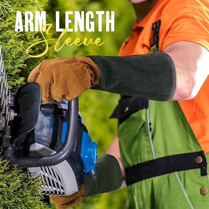 HANDLANDY Leather Gardening Gloves for Men & Women, Rose Pruning Thorn Proof Garden Glove, Long Sleeve Gauntlet Gloves (Black-brown, Large (Pack of 1))