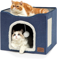 Bedsure Cat House Bed for Indoor Cats with Fluffy Ball and Scratch Pad - Blue / Single