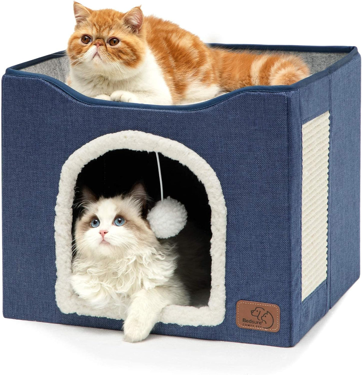 Bedsure Cat House Bed for Indoor Cats with Fluffy Ball and Scratch Pad - Blue / Single