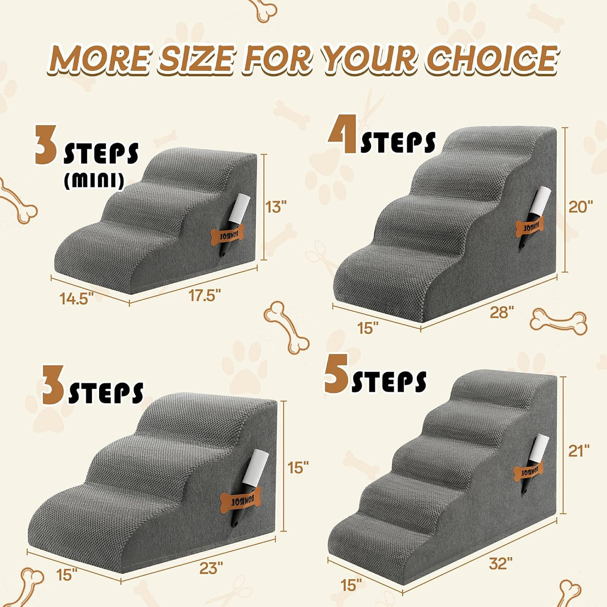 Dog Stairs Ramp for High Bed - 3 Step-15.7"H / Fleece-Grey - image 3