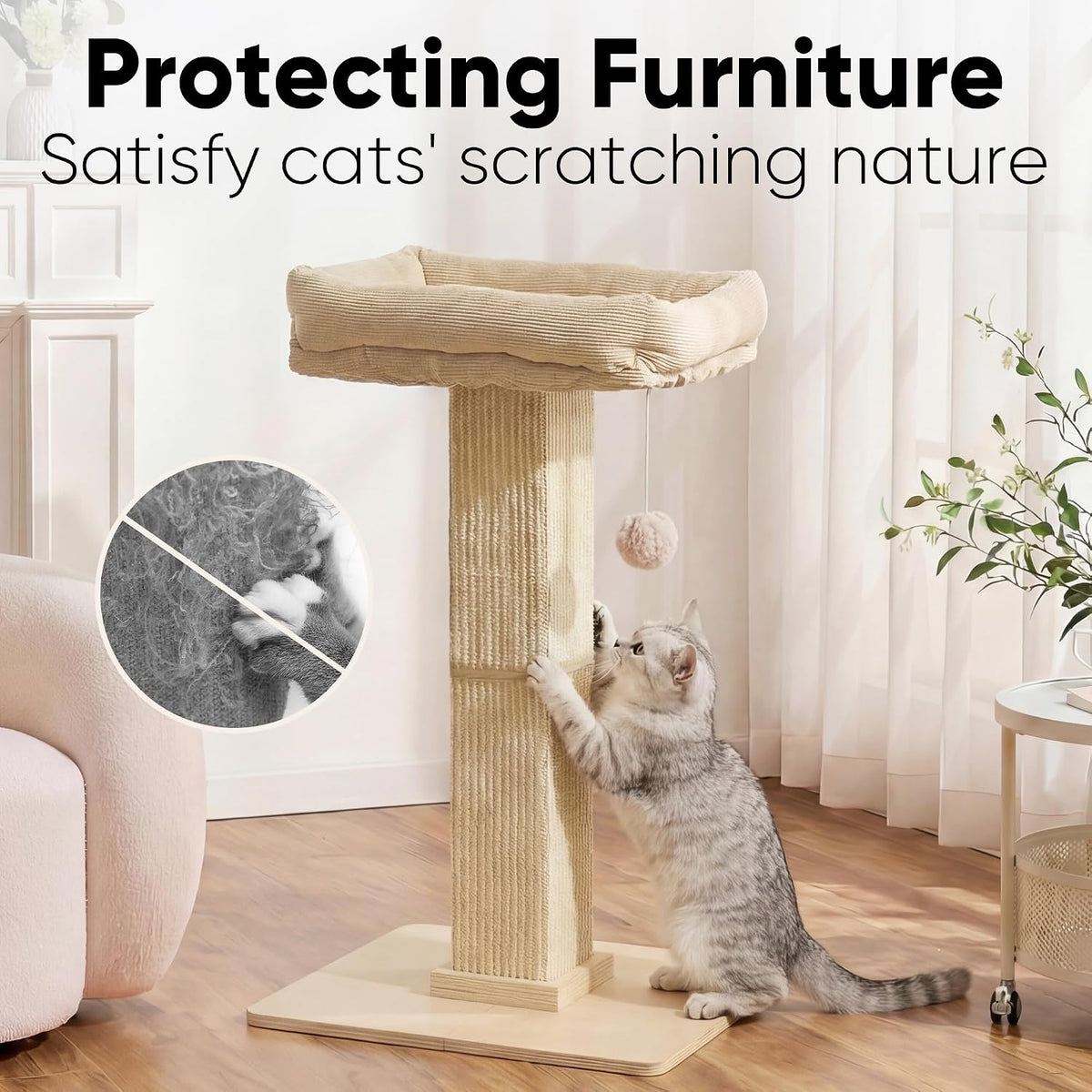 FUKUMARU Retro-Style Cat Scratching Post with Perch for Indoor Adult - Beige - image 4