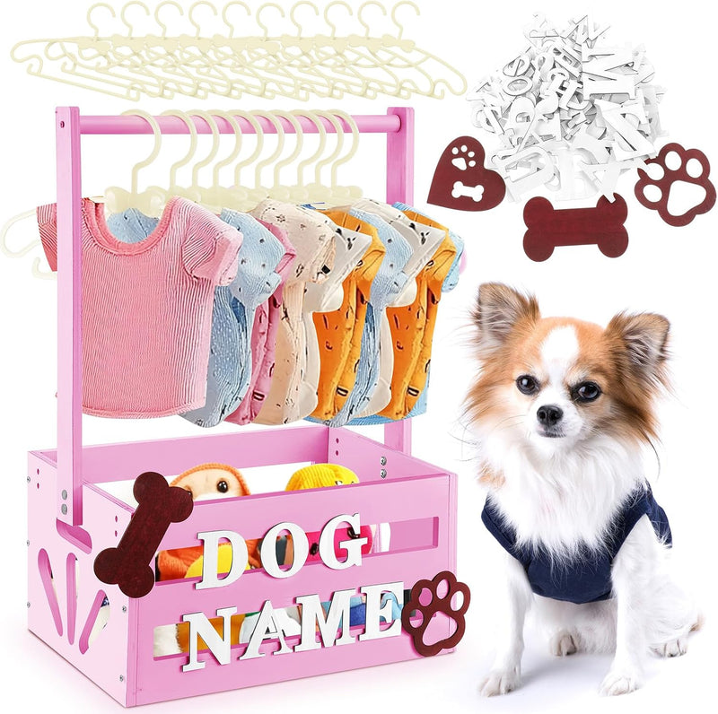 Wooden Dog Closet, Pet Wardrobe with Hanging Rod for Small Dog - Pink