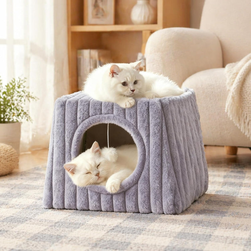 Dogpals Cat Cave Bed 15.74"x13.77"x13.77" Large with Balls – Essentials for Cats - Grey / Large
