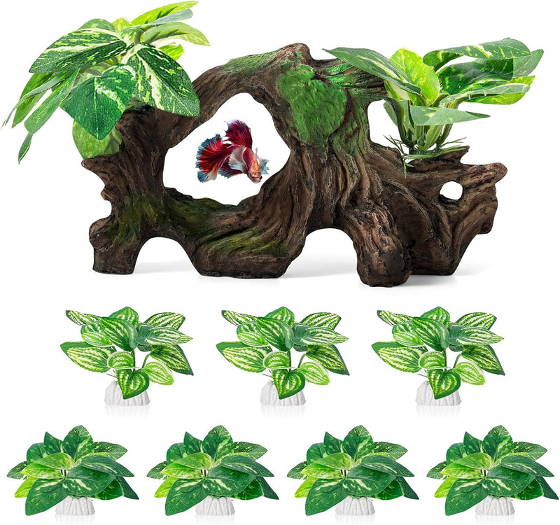 8 Pcs Driftwood Cave Aquarium Decor Decor Silk Aquarium Plants Leaves