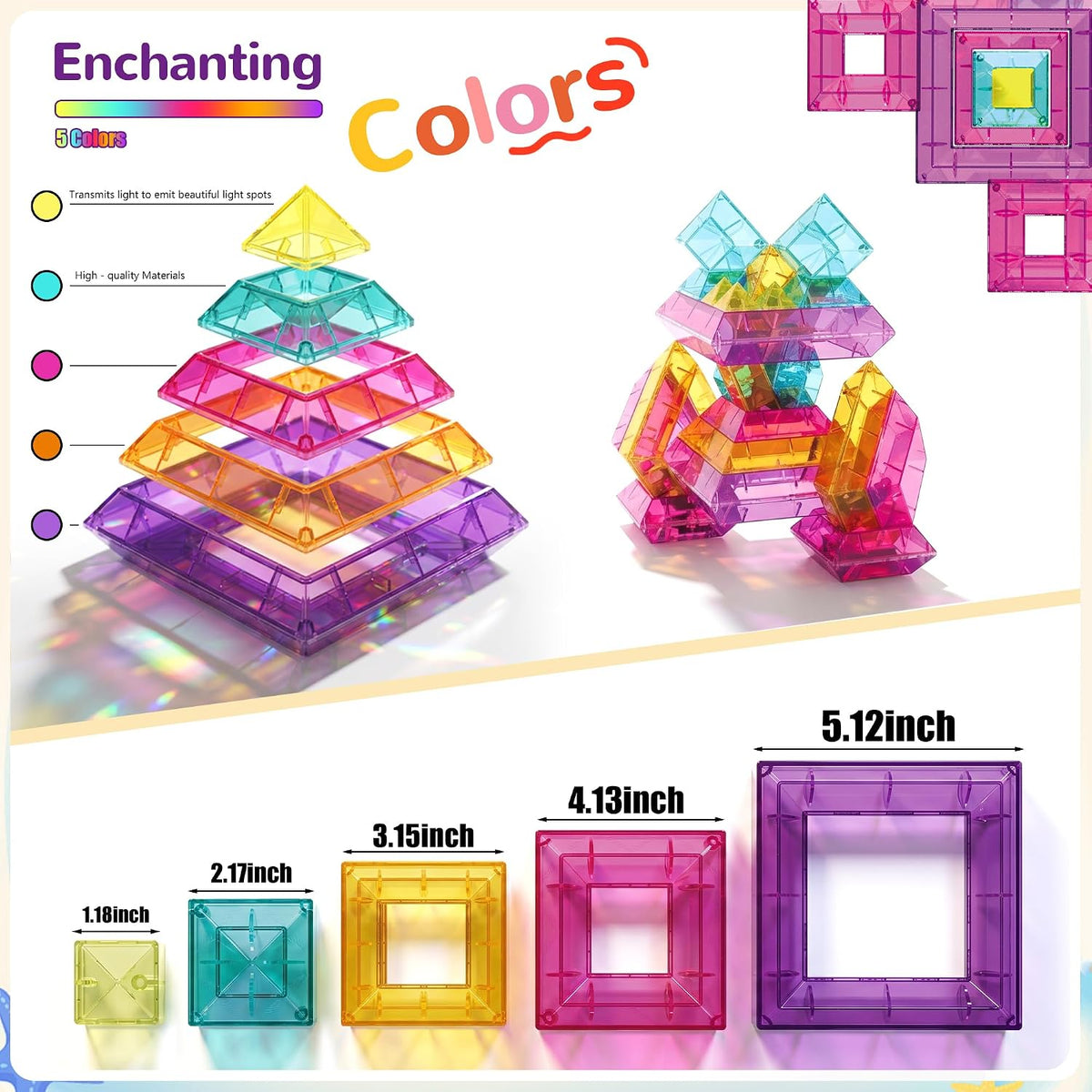 Ggiibro sorting stacking toys, 40 colorful pyramid blocks with storage box - view 7