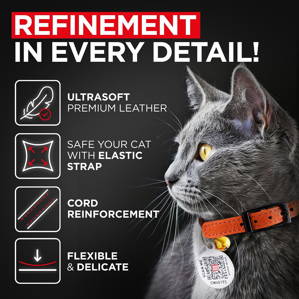 WAUDOG Leather Cat Collar with Bell Elastic Strap Stretchy Kitten - Orange / 8"- 12" Without Holder - image 2