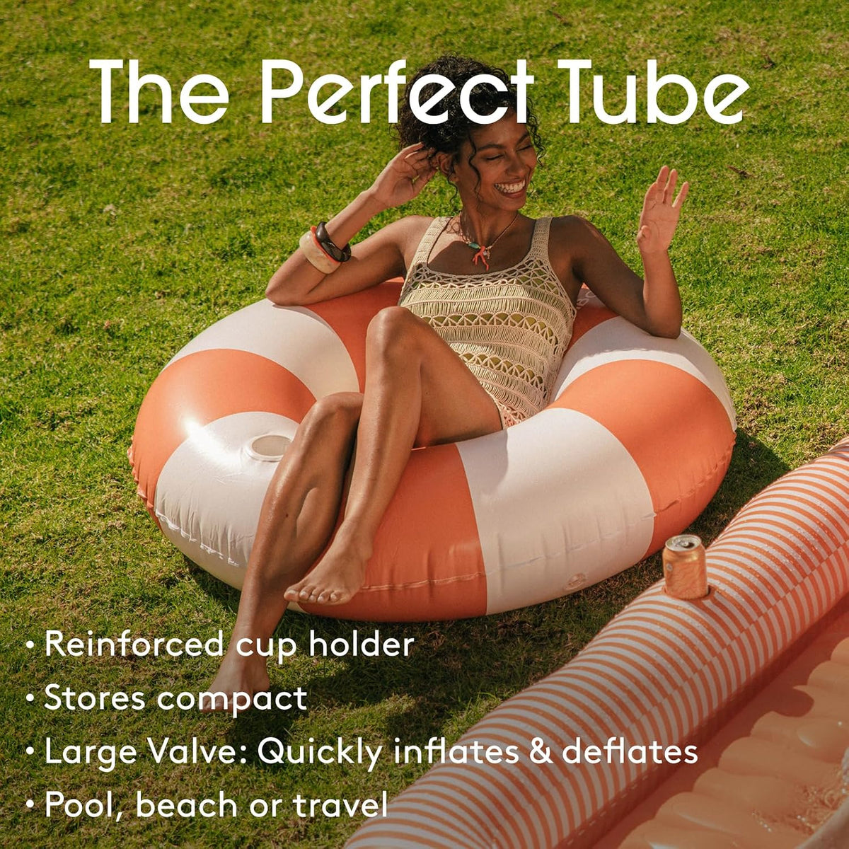 FUNBOY Giant 46" Vintage Pink Stripe Pool Tube Float with Cup Holder – Fun for Kids & Family - Orange - image 3