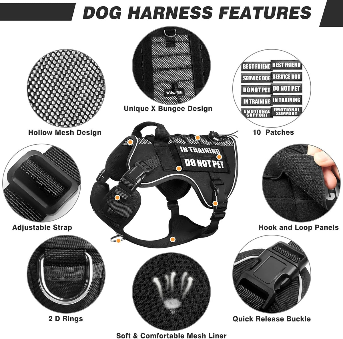 WINSEE Service Dog in Training Mesh Harness with 10 Removale Pet - Small / Black - image 4