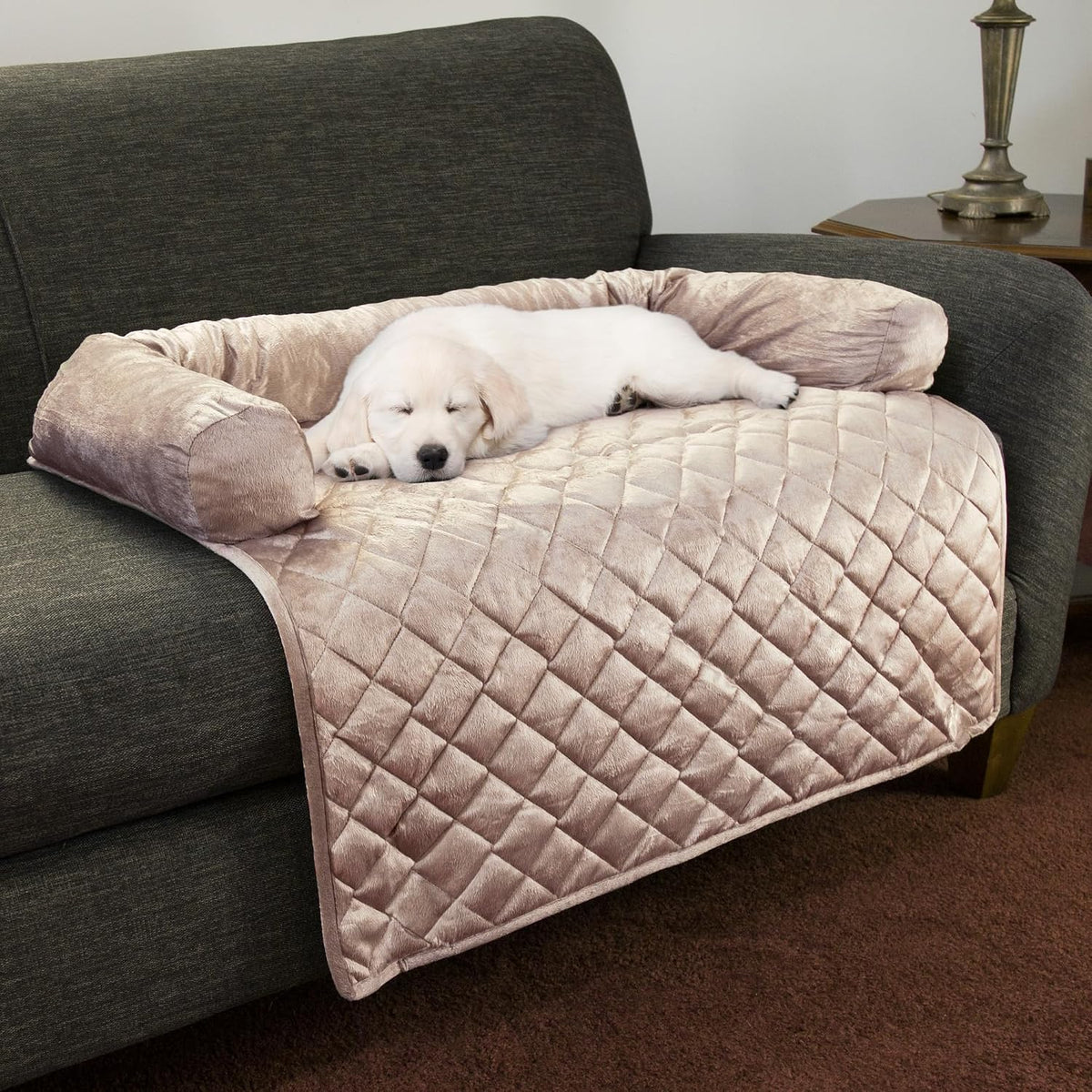 Couch Cover for Dogs - 35x35 Pet Furniture Protector with Memory Foam Neck Bolster, Quilted Fabric - Beige / Large