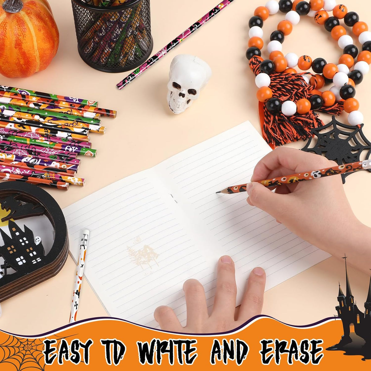 DIYASY Halloween pencils for kids, 48 wooden pencils in 12 designs with colored erasers - view 6