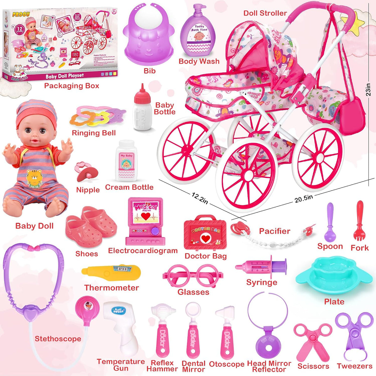 Baby Doll Toys Set, 24PCS Dolls Care Toy Playset for Girls 3-8 Pretend Play – Fun for Kids & Family - 27 Pcs - image 2