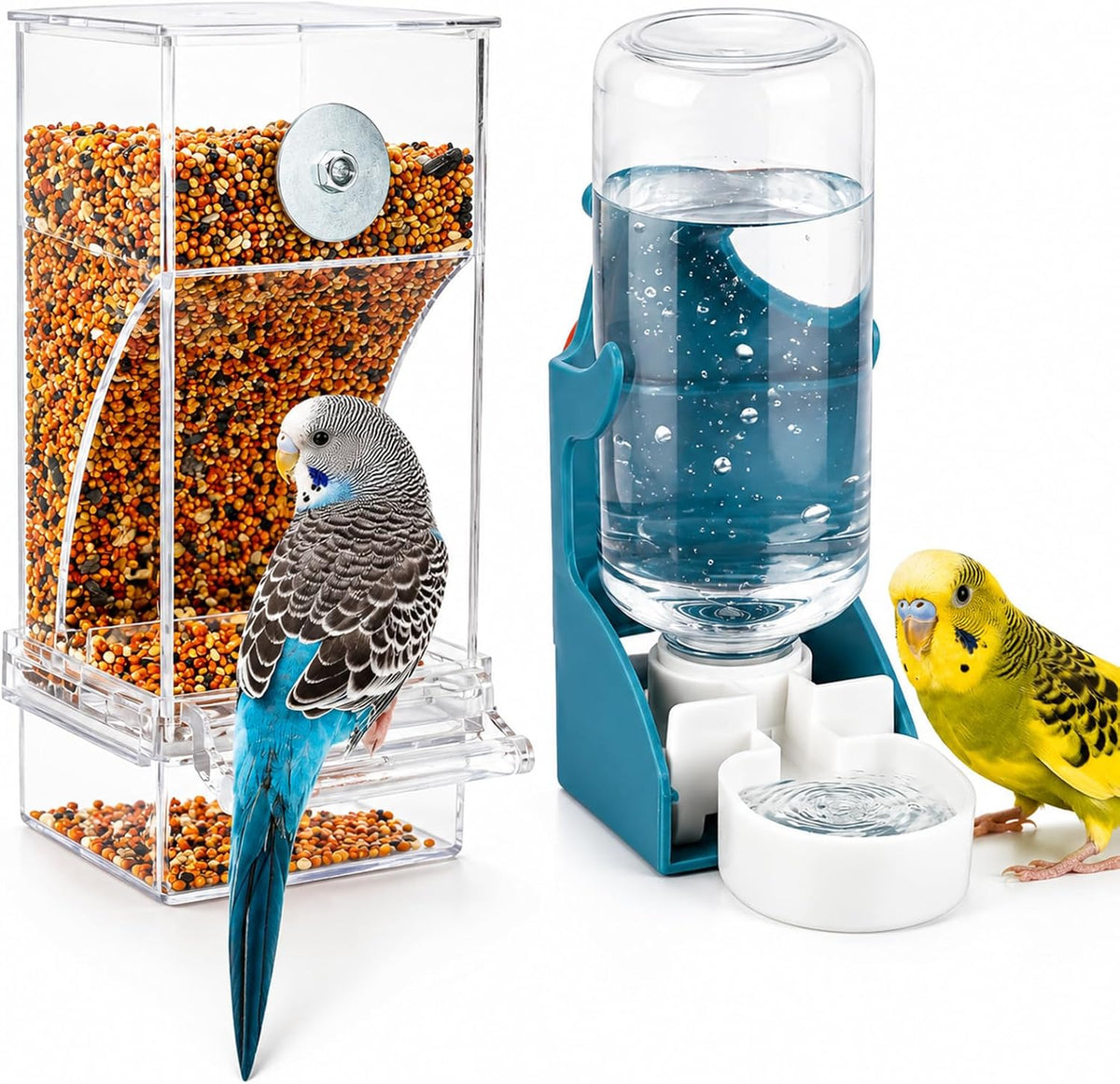 No-Mess Automatic Bird Feeder, Parakeet Cage Accessories – Essentials for Birds - Feeder + Drinking Bottle