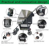 ROODO 4 Wheel Dog Cat Pet Stroller Best Lightweight Foldable Compact Portable Jogger All Terrain Travel Pet Gear Puppy Doggie Bunny Kitty Stroller for up to 30lbs Medium Small Dogs Cats(sage Green)