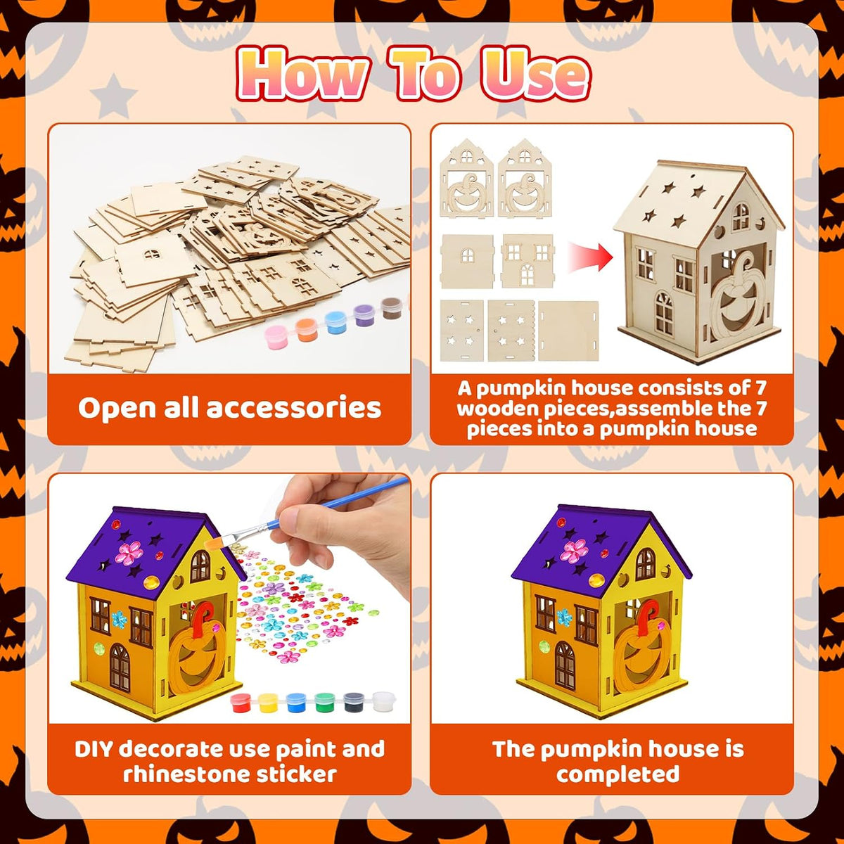 Fennoral 7 pack wooden 3D pumpkin house craft kit for kids Halloween decorating - view 17