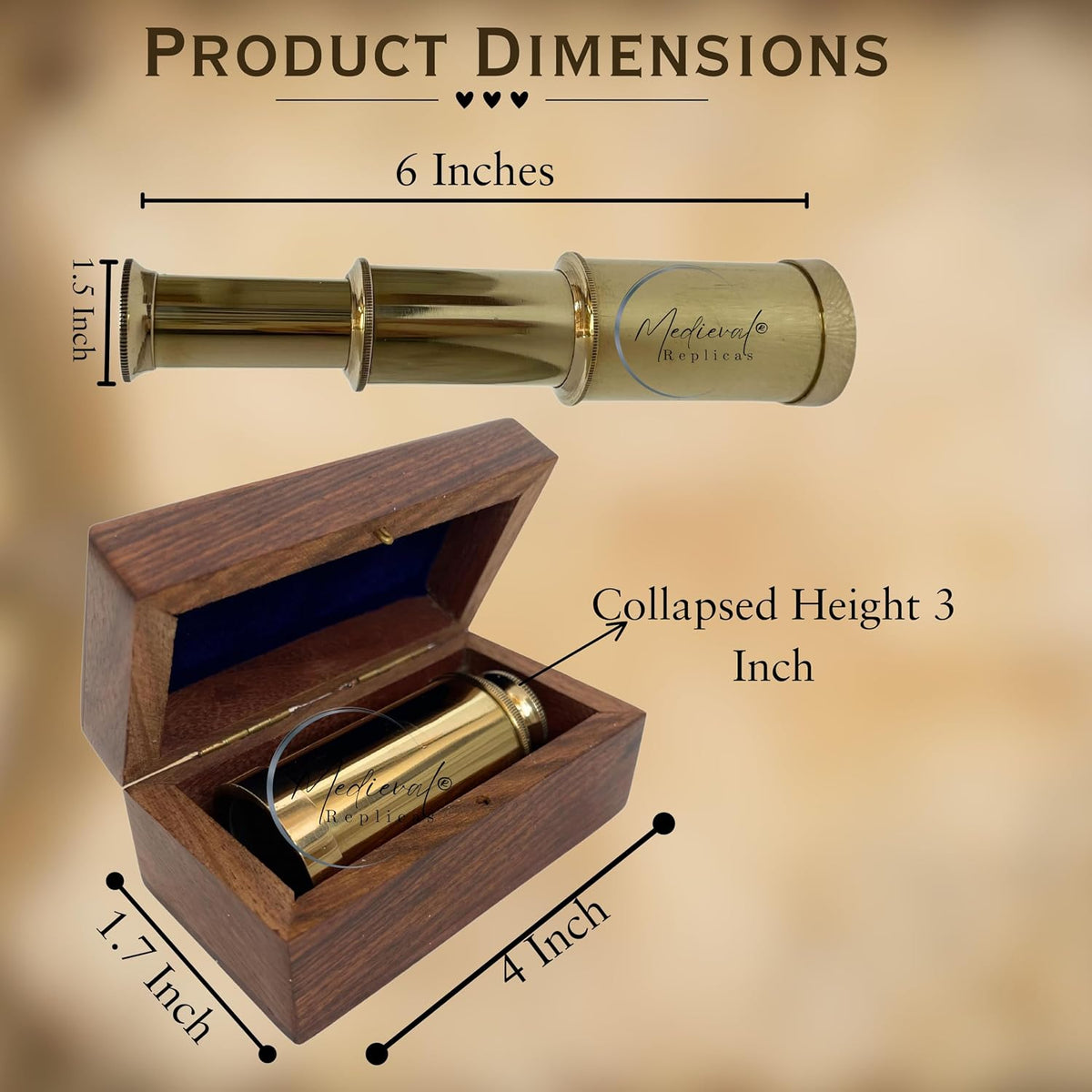 6" inch Handheld Brass Telescope with Wooden Box - Gold 6" - image 3