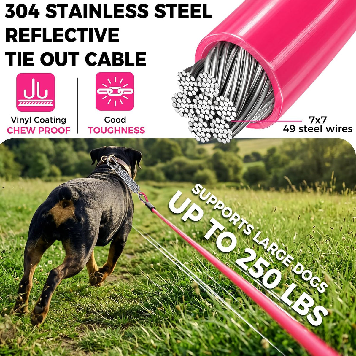 Tie Out Cable for Dogs, 50FT Dog Leads for Yard Chew Proof, Heavy Duty Leash for Large Dogs Up - 250lbs / 10ft / Pink - image 2
