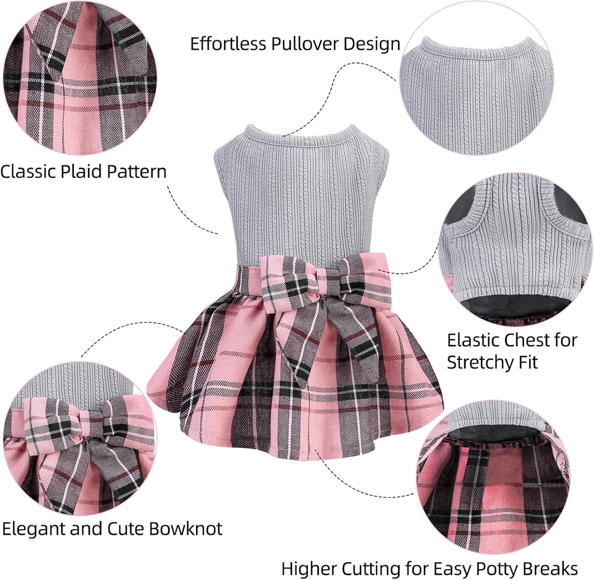 PUPTECK Classic Beige Plaid Dog Dress with Bow Puppy Skirt Clothes M – Essentials for Dogs - Grey(Plaid) / Medium - image 4