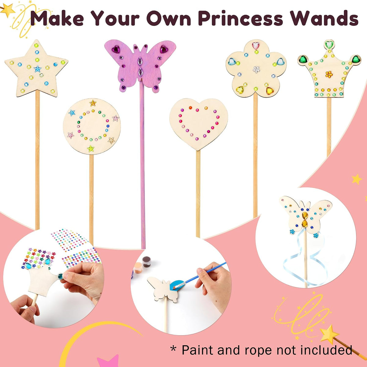Pllieay princess fairy wands craft kit with 18 unfinished wooden wands and diamond stickers - view 12