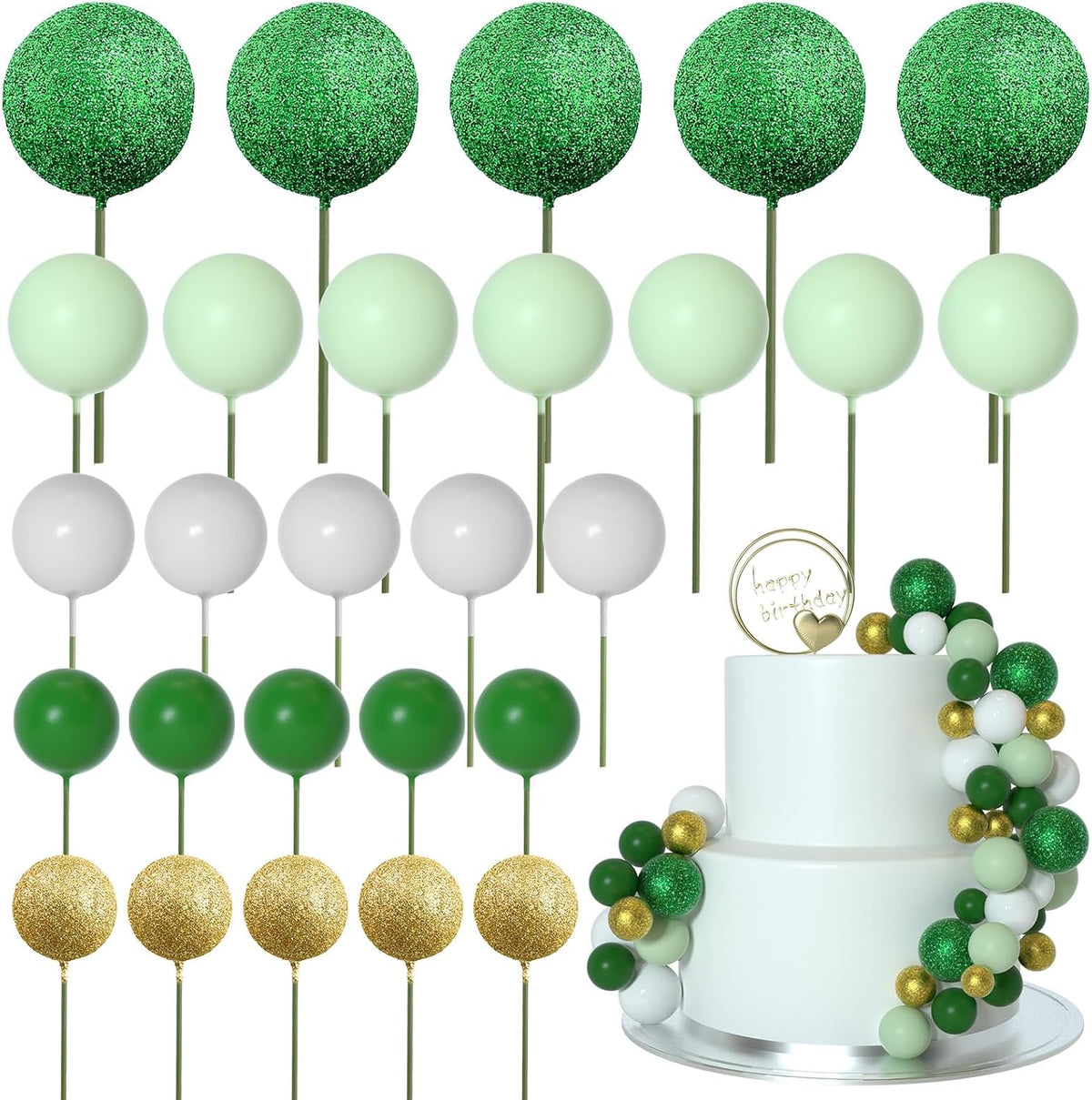 ASTARON 50 Pcs Ball Cake Topper Sticks Mini Balloons for Cake - Green Series
