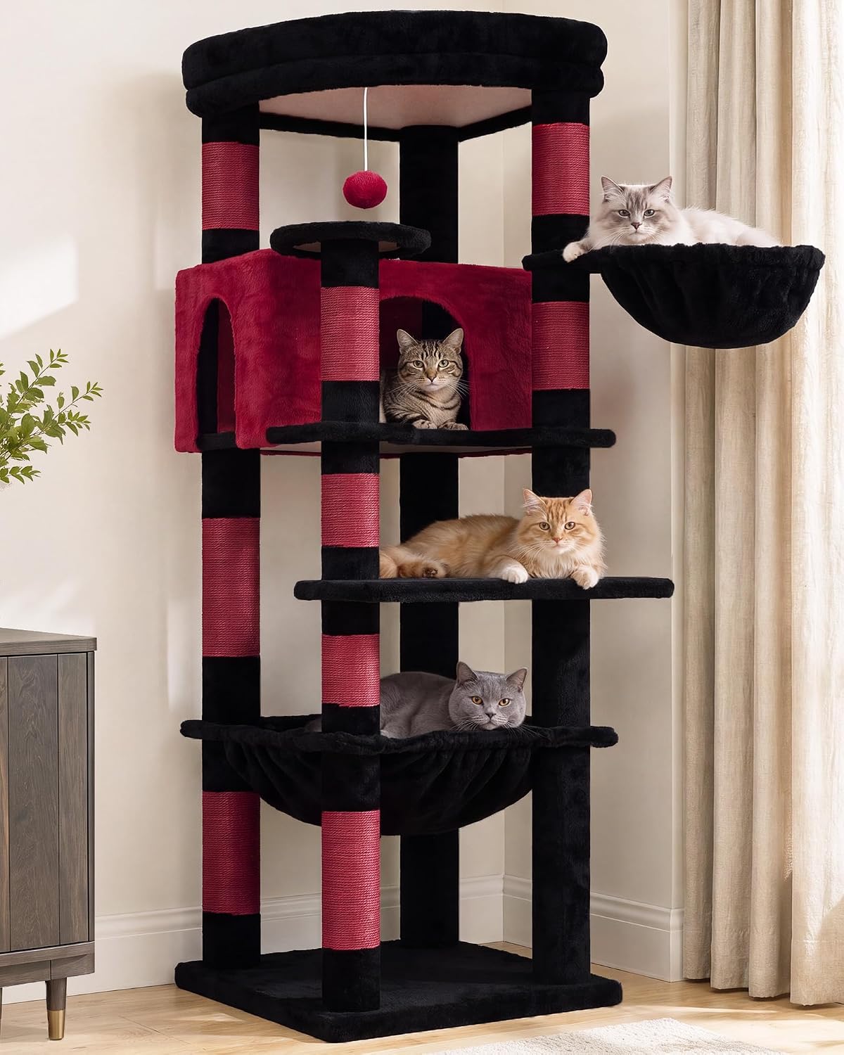 Heybly 53.1" Corner Cat Tree for Large Cats - Black and Red / 53 inch