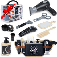 WishaLife kids barber shop pretend play set in black with toolbelt, shaver, scissors and hairdryer