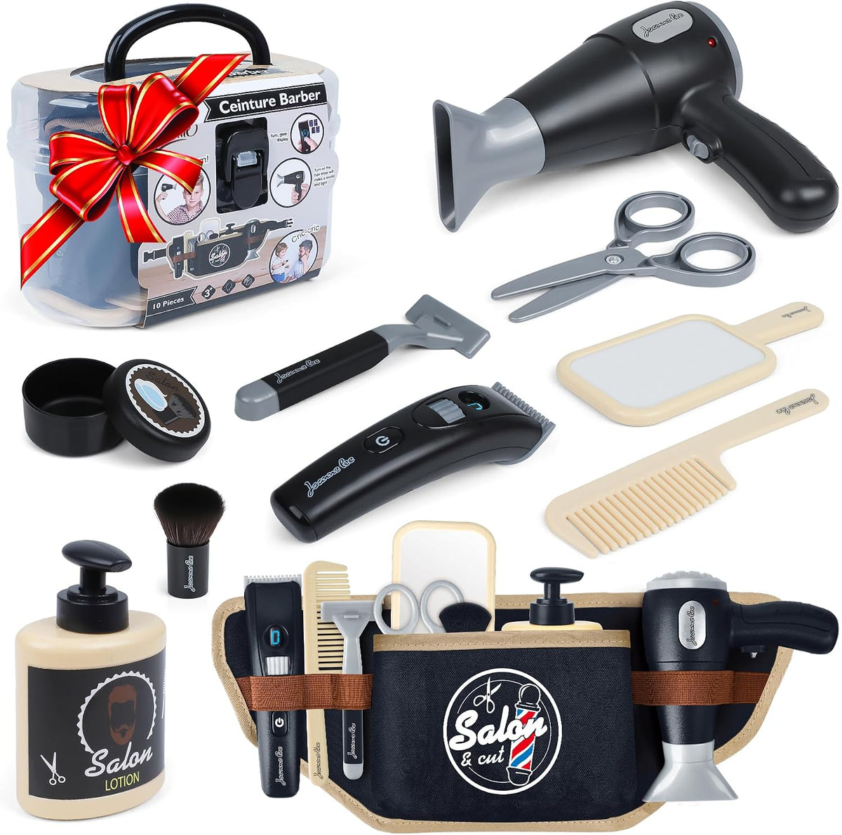 WishaLife kids barber shop pretend play set in black with toolbelt, shaver, scissors and hairdryer