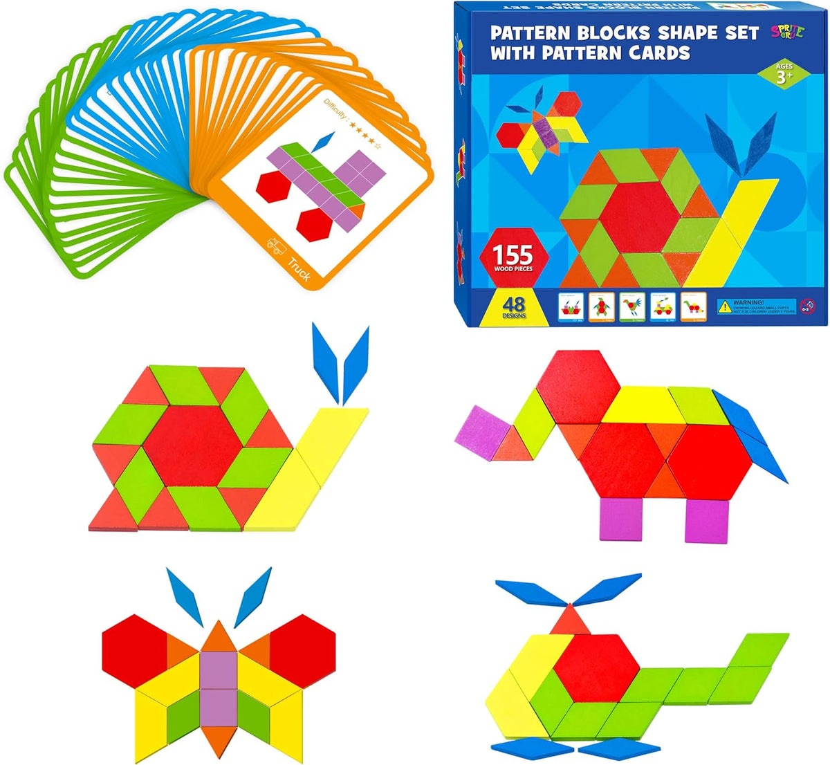 SpriteGru 300 PCS Wooden Pattern Blocks Set for kids 24 - 155 Pcs Blocks Set