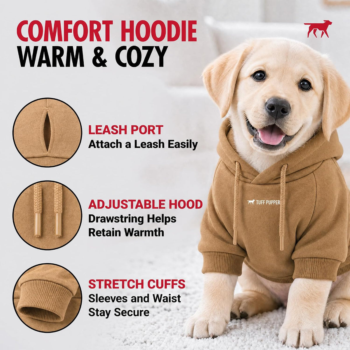 Tuff Pupper Dog Hoodie, Premium Quality Insulated Fabric - Caramel / Small (15-25 lbs) - image 3