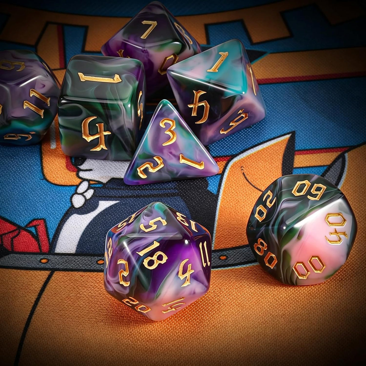 QMAY DND Dice Set - 7Pcs Blue Mix White Polyhedral Dice with Black Dice Bag – Fun for Kids & Family - Purple Green Four Colors - image 2