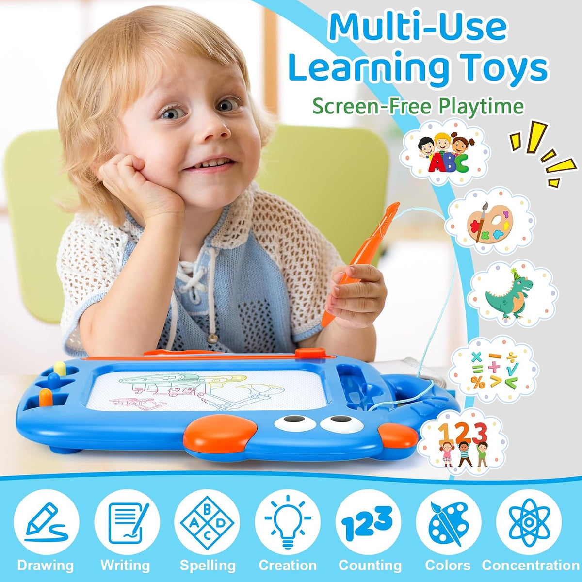 YUBALEER Magnetic Drawing Board for Toddler Boys Mess Free Doodle - Blue - image 2