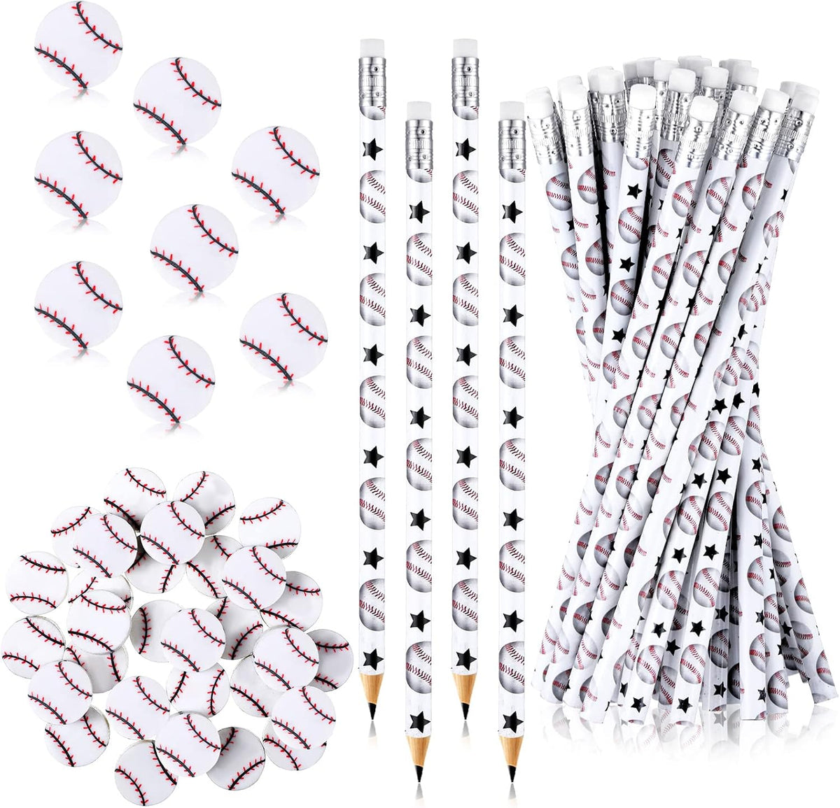 Tinlade 72 Pcs Sports Pencils and Erasers for Boys, Party Favors – Fun for Kids & Family - Baseball