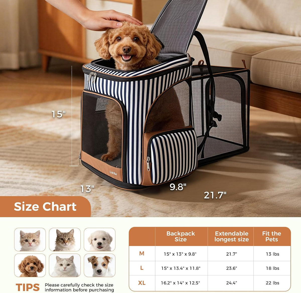 Lekereise Cat Backpack Expandable Pet Carrier Backpack for Small Cats - Stripes / XL-Mesh Window - image 2