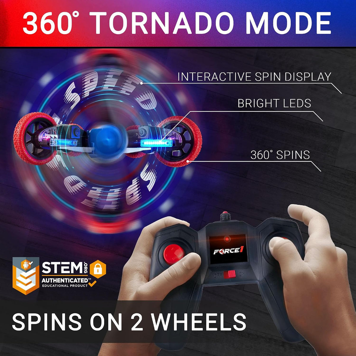 Force1 Tornado Blue LED Remote Control Car for Kids - Red Blue Tornado+ - image 2