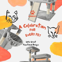Cat Tree, 80-Inch Large Cat Tower with 9 Scratching Posts, 2 Perches, 2 Caves, 2 Basket, 2 Stairs, Extra Large Hammock, Pompoms, Multi-Level Plush Cat Condo for Indoor Cats/Light Grey