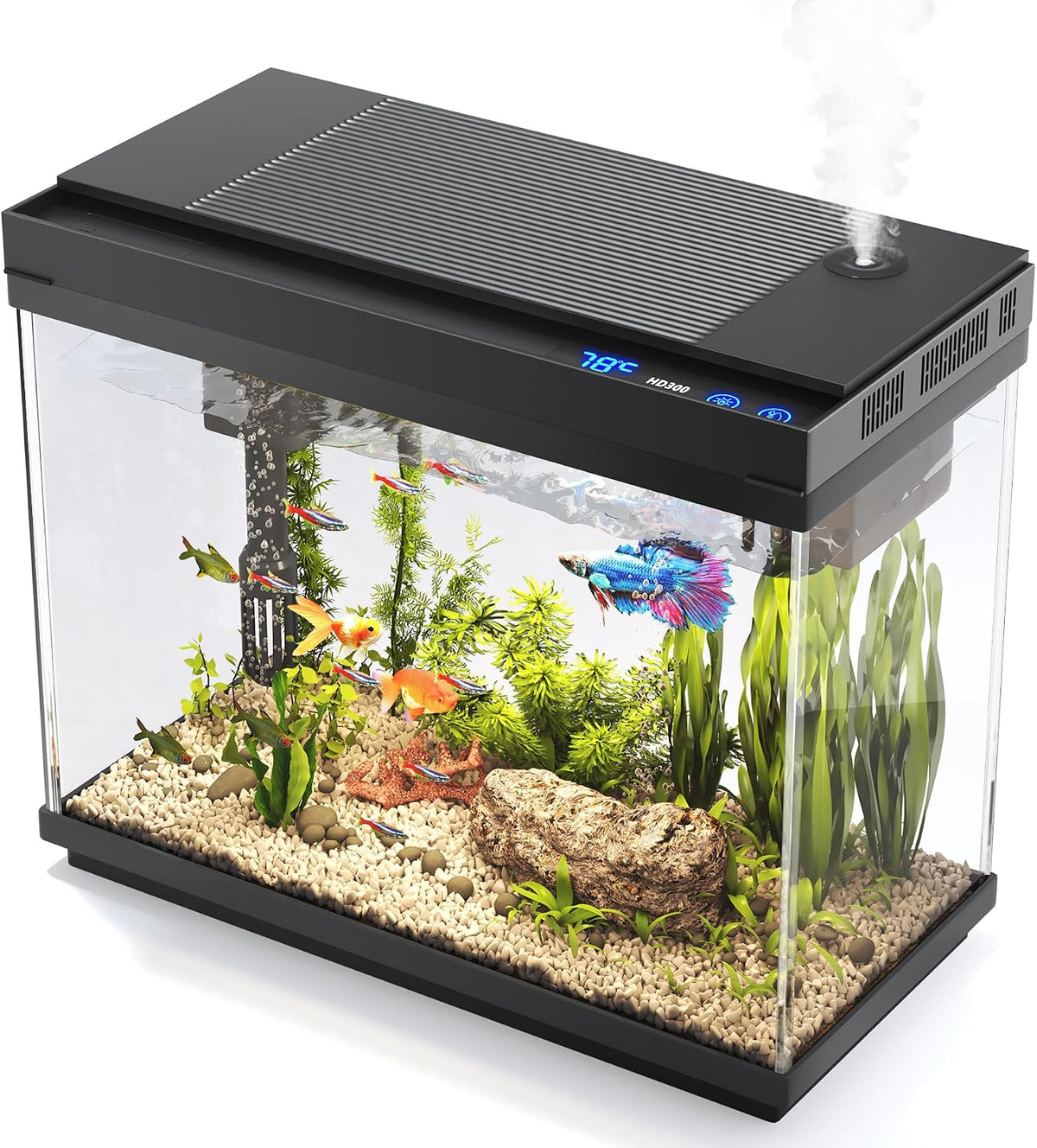 Fish Tank, 2.4-Gallon Aquarium Starter Kit with 3-in-1 Quiet Pump – Essentials for Fish - Black