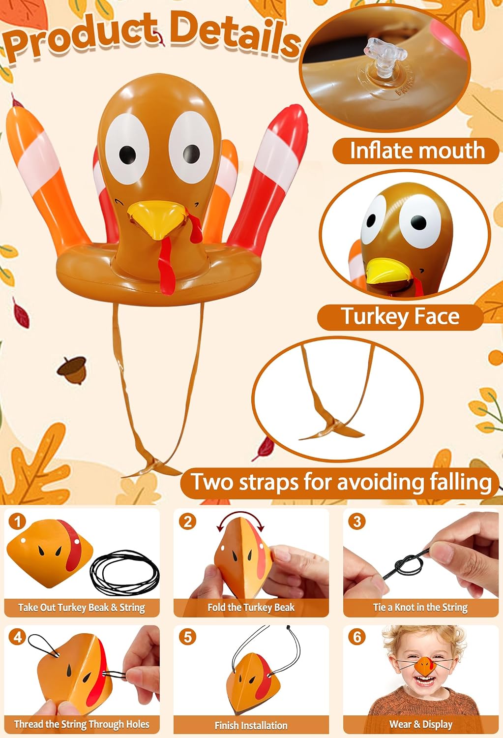 TURNMEON Thanksgiving ring toss game with 2 inflatable turkey hats and 8 colorful rings - view 3
