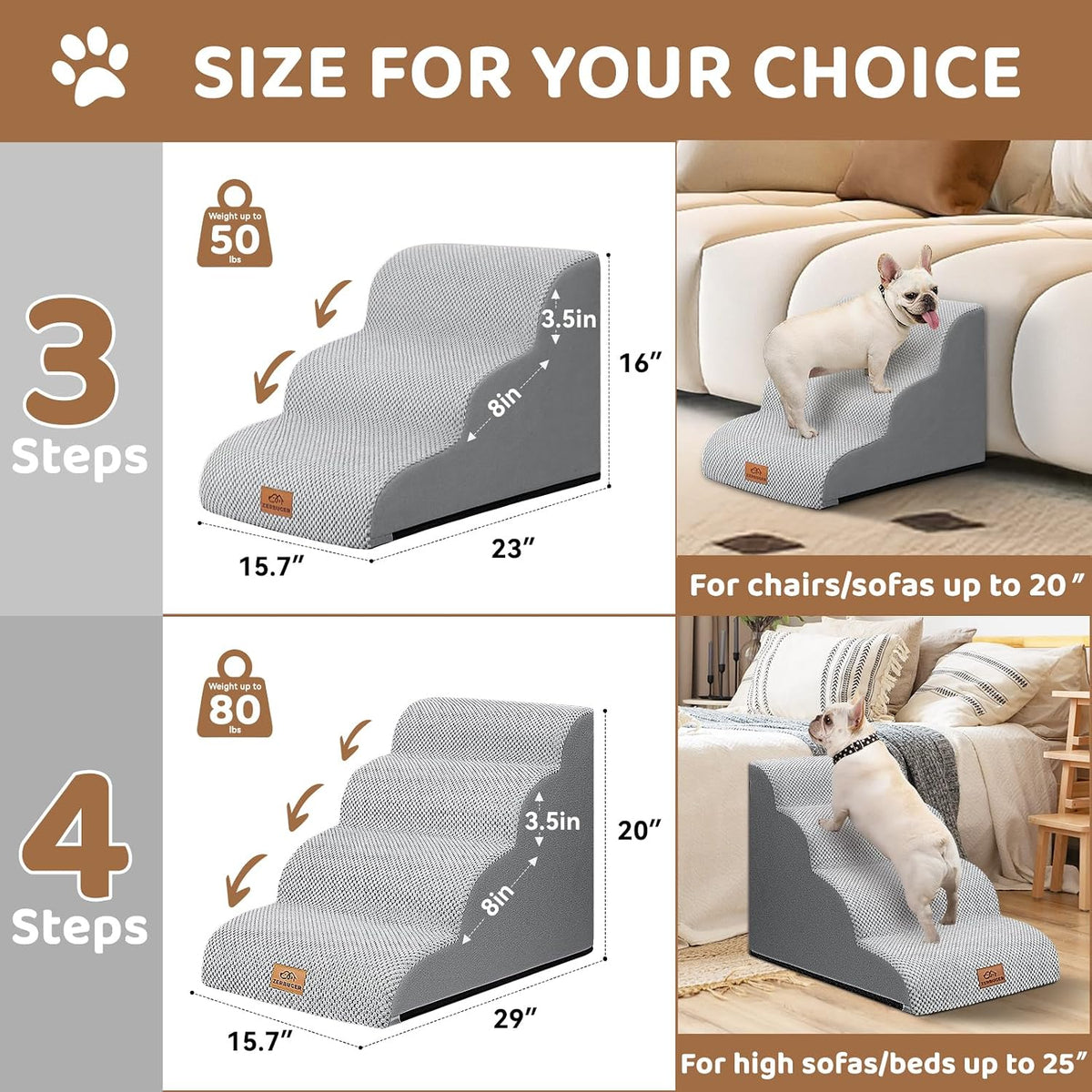 Zerbuger Dog Ramp and Stairs for Bed, Coffee 3 Steps 16" H - Light Grey / 3 - image 2